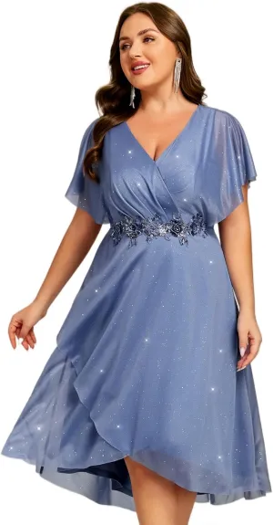 Ever-Pretty Plus Women's V Neck Short Sleeves Pleated Applique High Low Glitter Midi Plus Size Wedding Guest Dresses