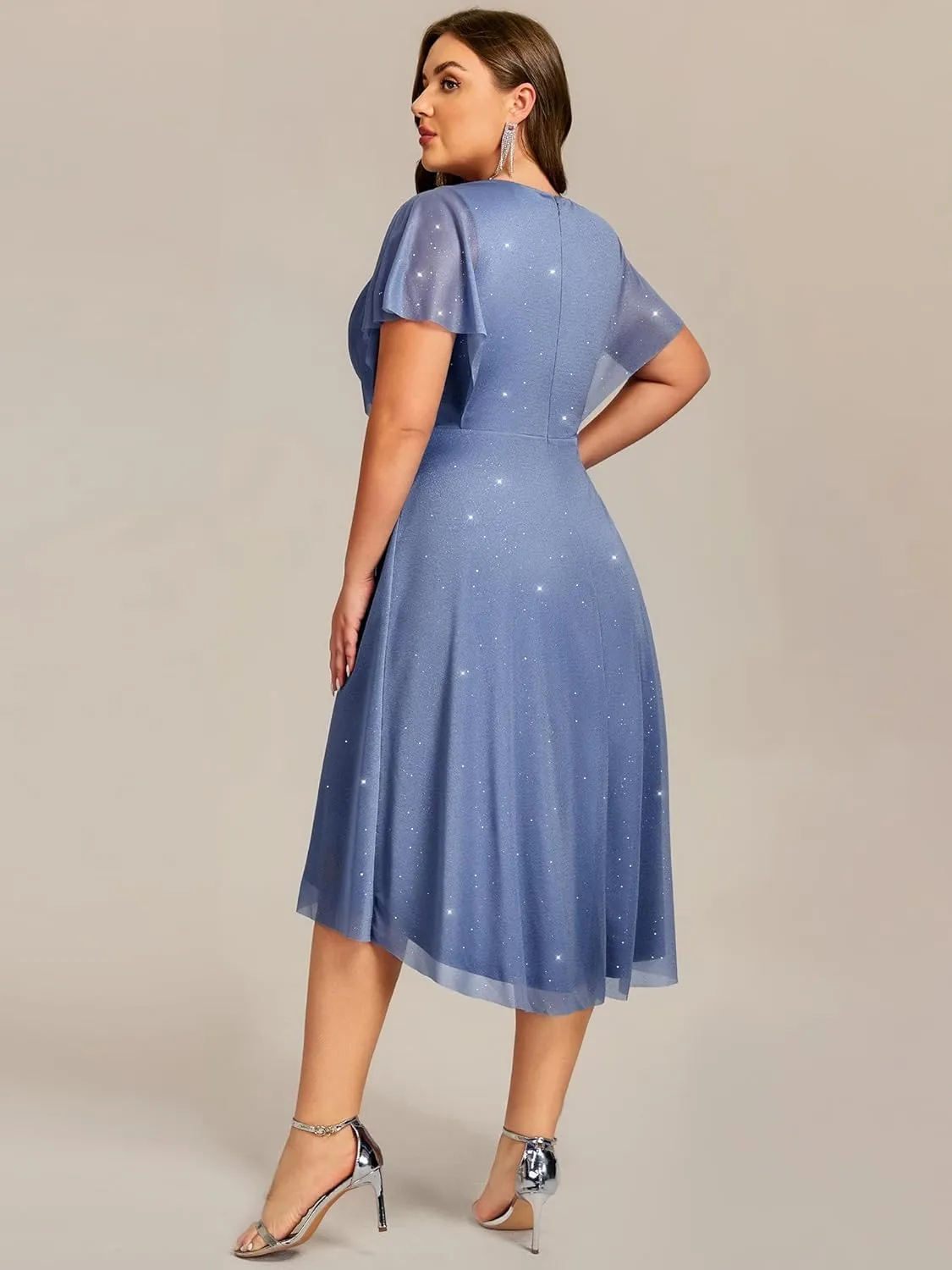 Ever-Pretty Plus Women's V Neck Short Sleeves Pleated Applique High Low Glitter Midi Plus Size Wedding Guest Dresses