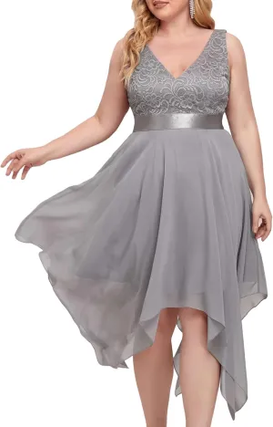 Ever-Pretty V Neck Chiffon Lace Asymmetric Knee Length Summer Plus Size Cocktail Dresses for Curvy Women