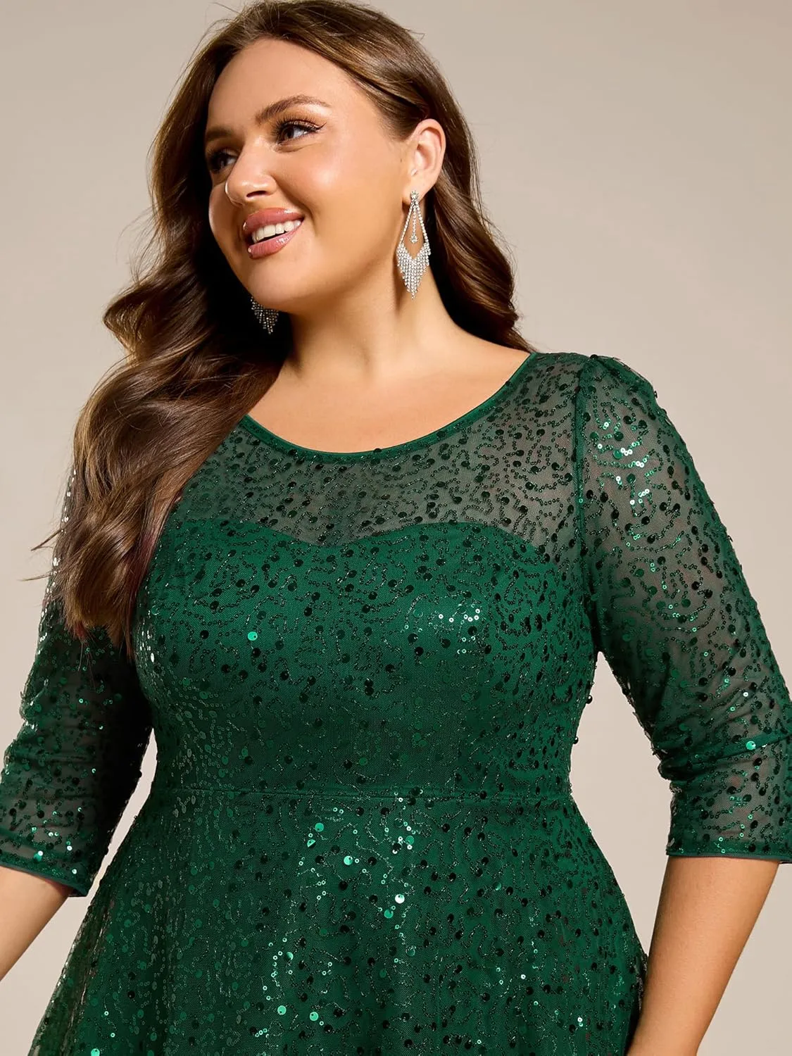 Ever-Pretty Women's 3/4 Sleeves Sequin Empire Waist A Line Plus Size Midi Formal Cocktail Wedding Guest Dresses 02241-DA