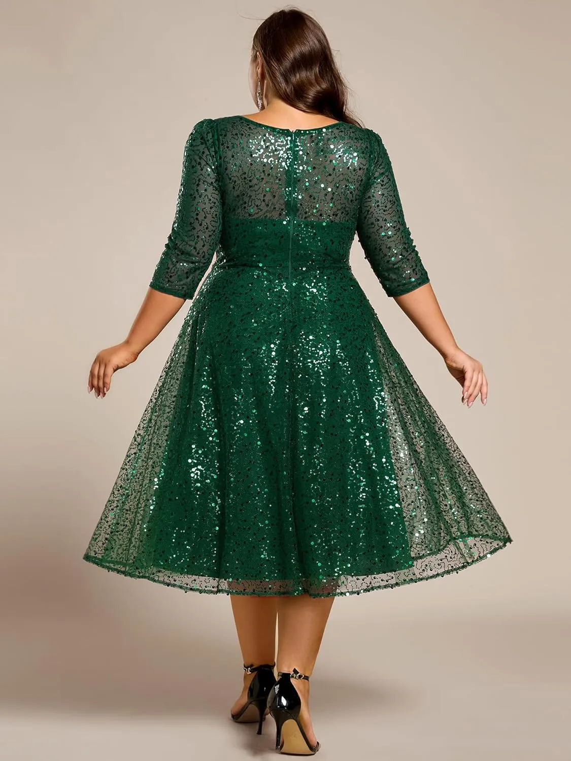 Ever-Pretty Women's 3/4 Sleeves Sequin Empire Waist A Line Plus Size Midi Formal Cocktail Wedding Guest Dresses 02241-DA