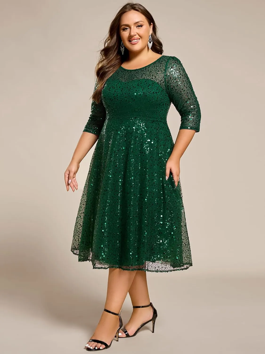 Ever-Pretty Women's 3/4 Sleeves Sequin Empire Waist A Line Plus Size Midi Formal Cocktail Wedding Guest Dresses 02241-DA