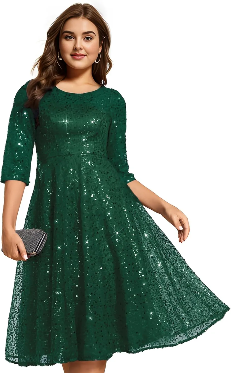 Ever-Pretty Women's 3/4 Sleeves Sequin Empire Waist A Line Plus Size Midi Formal Cocktail Wedding Guest Dresses 02241-DA