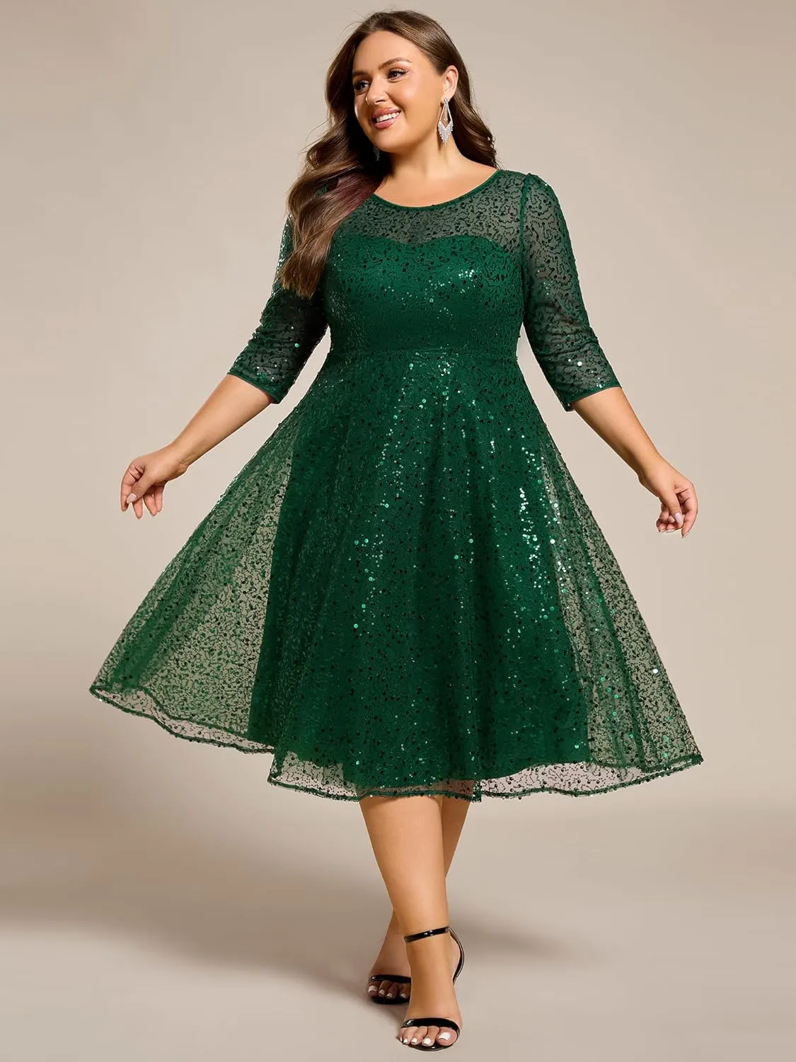 Ever-Pretty Women's 3/4 Sleeves Sequin Empire Waist A Line Plus Size Midi Formal Cocktail Wedding Guest Dresses 02241-DA