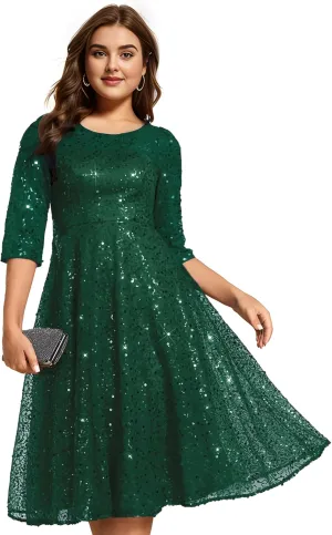 Ever-Pretty Women's 3/4 Sleeves Sequin Empire Waist A Line Plus Size Midi Formal Cocktail Wedding Guest Dresses 02241-DA
