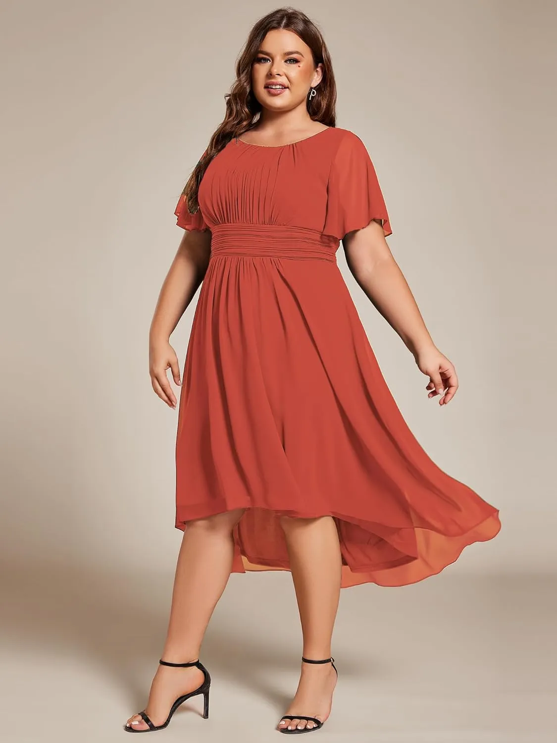 Ever-Pretty Women's A Line Crew Neck Short Sleeves Pleated Chiffon Plus Size High Low Wedding Guest Dresses 02053-DA