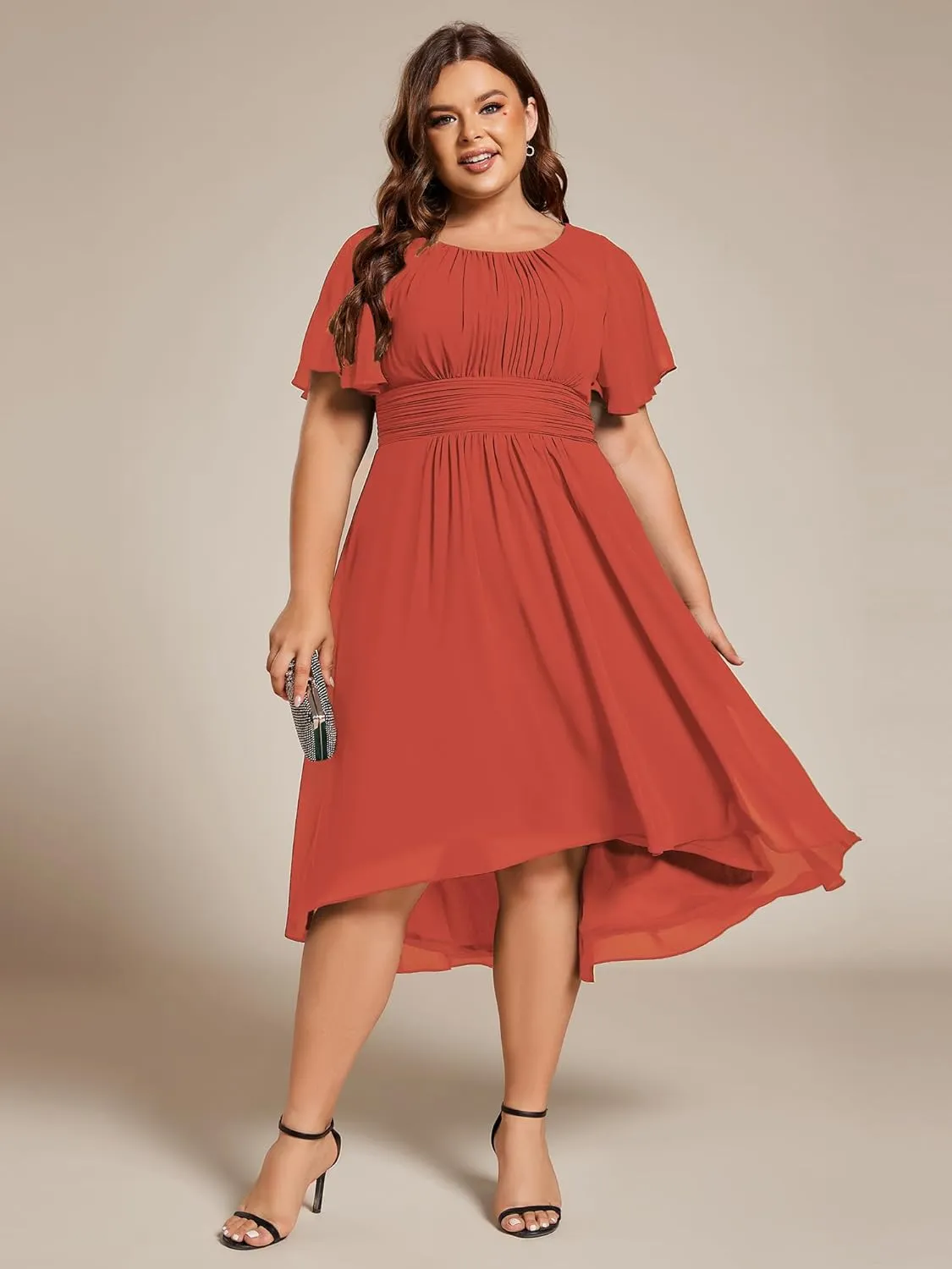 Ever-Pretty Women's A Line Crew Neck Short Sleeves Pleated Chiffon Plus Size High Low Wedding Guest Dresses 02053-DA