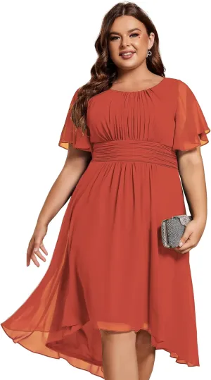 Ever-Pretty Women's A Line Crew Neck Short Sleeves Pleated Chiffon Plus Size High Low Wedding Guest Dresses 02053-DA