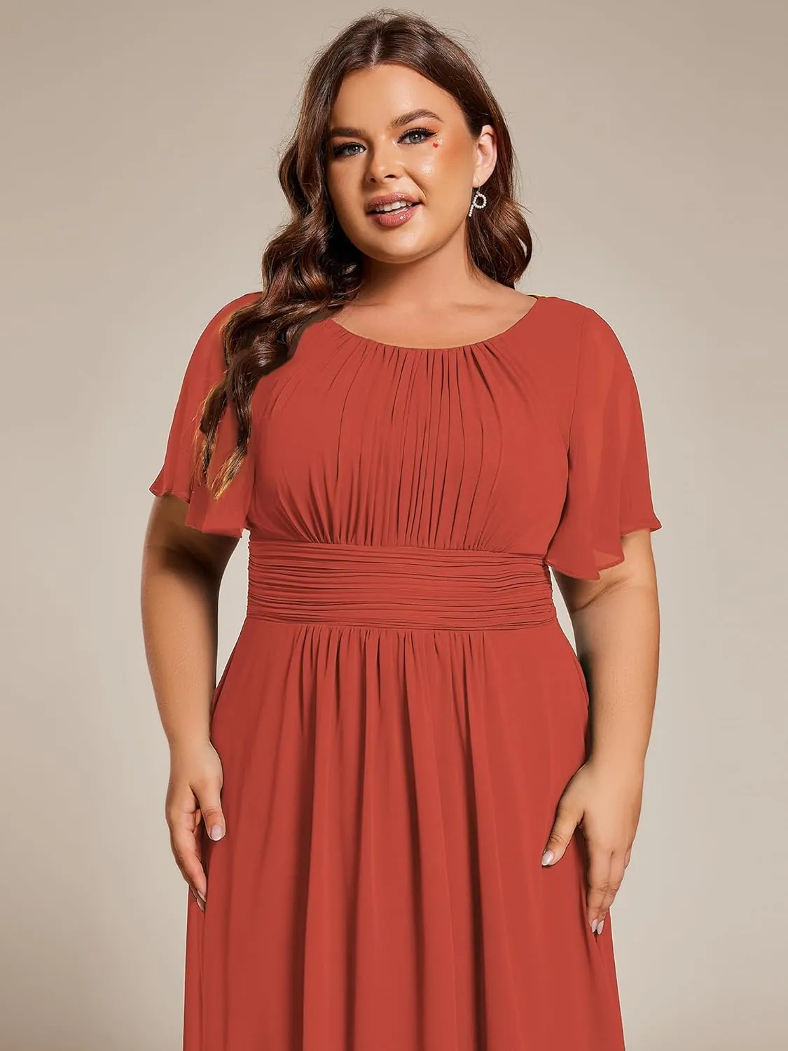 Ever-Pretty Women's A Line Crew Neck Short Sleeves Pleated Chiffon Plus Size High Low Wedding Guest Dresses 02053-DA