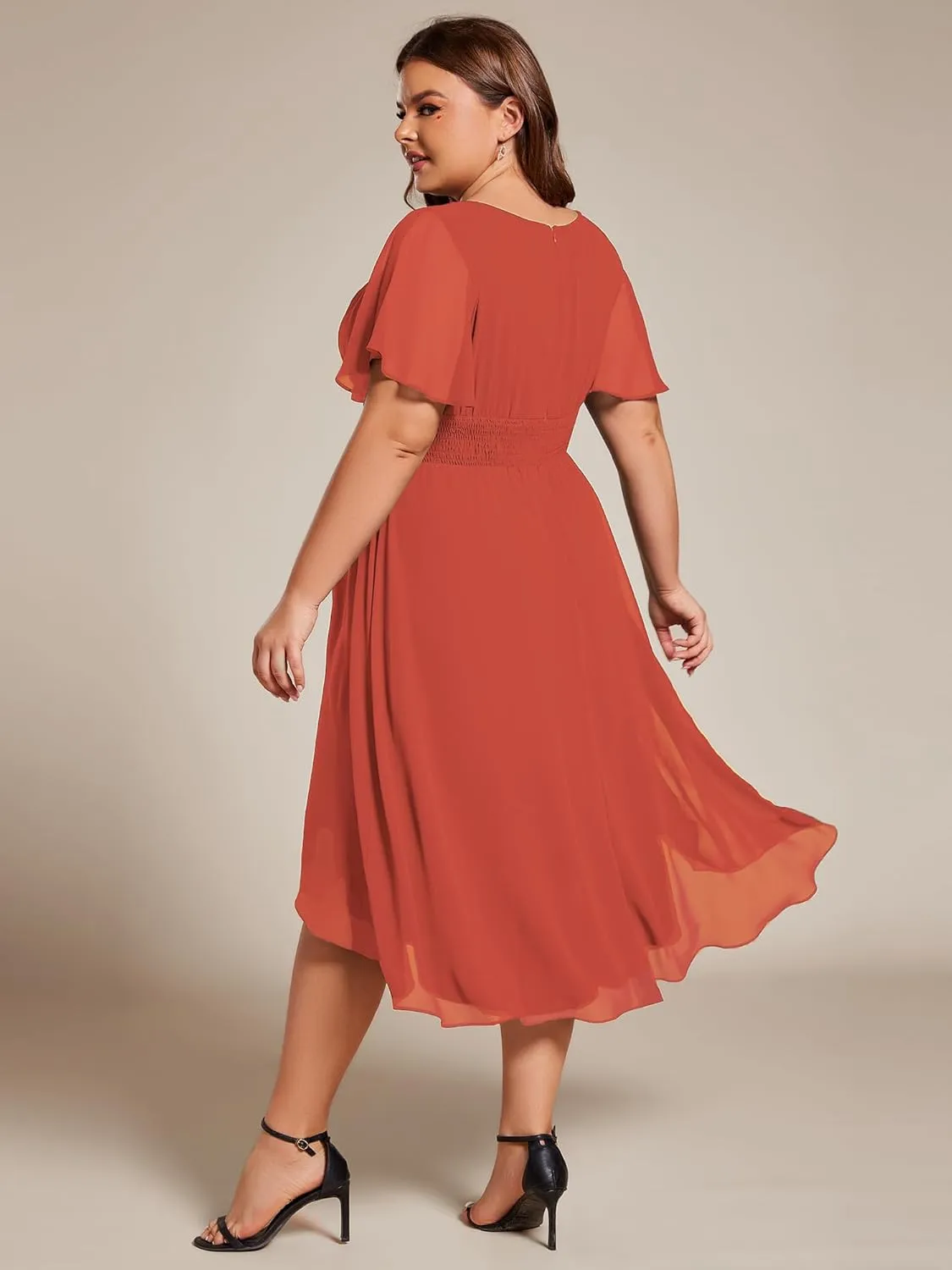 Ever-Pretty Women's A Line Crew Neck Short Sleeves Pleated Chiffon Plus Size High Low Wedding Guest Dresses 02053-DA