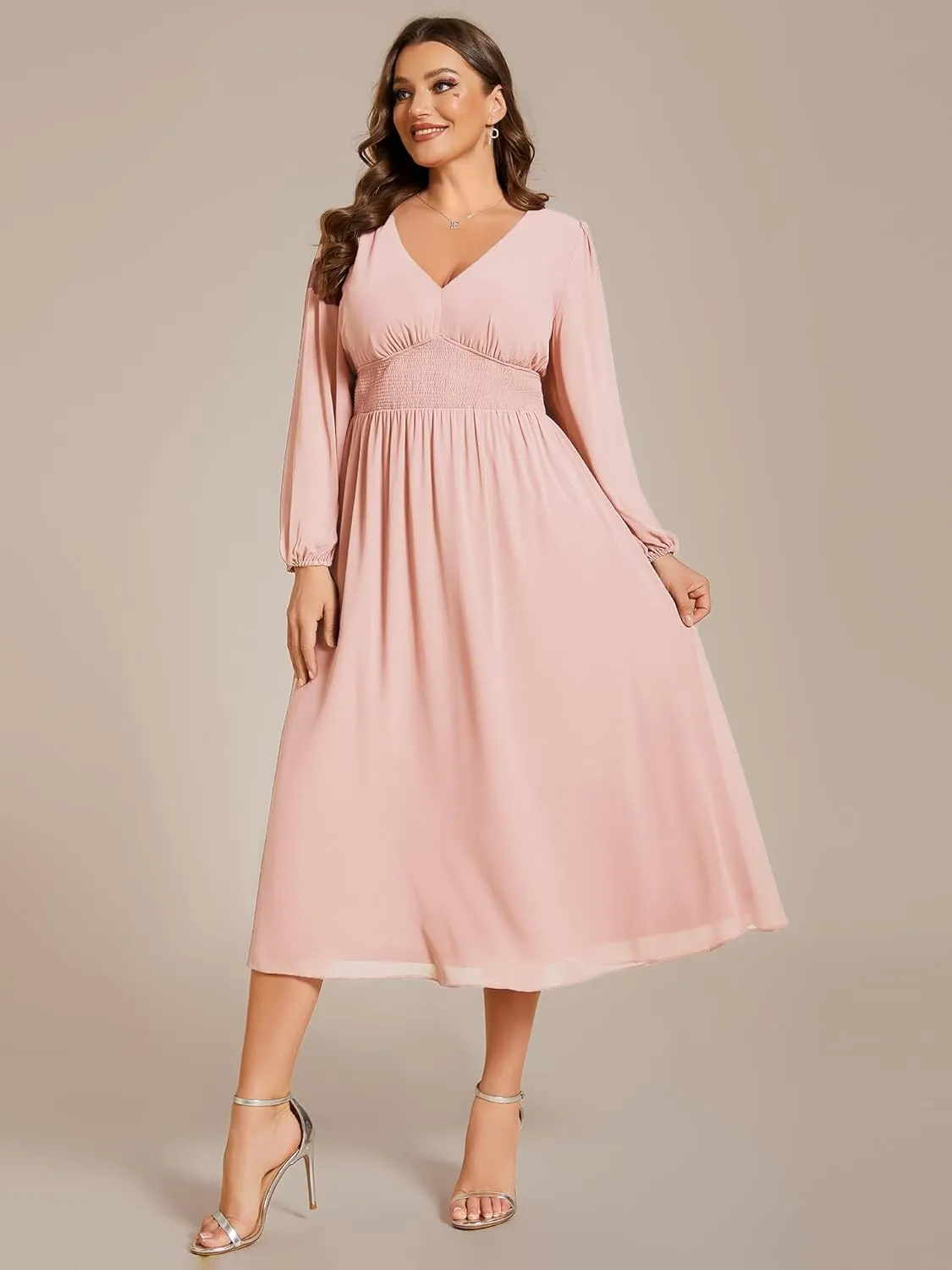 Ever-Pretty Women's A Line V Neck Lantern Sleeves Midi Plus Size Formal Fresses for Curvy Women 01929-DA