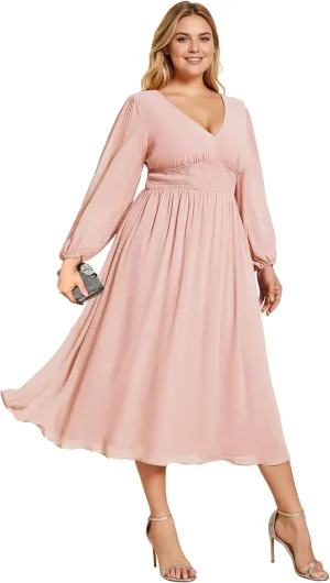 Ever-Pretty Women's A Line V Neck Lantern Sleeves Midi Plus Size Formal Fresses for Curvy Women 01929-DA