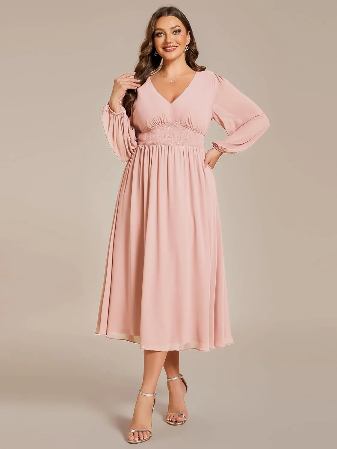 Ever-Pretty Women's A Line V Neck Lantern Sleeves Midi Plus Size Formal Fresses for Curvy Women 01929-DA