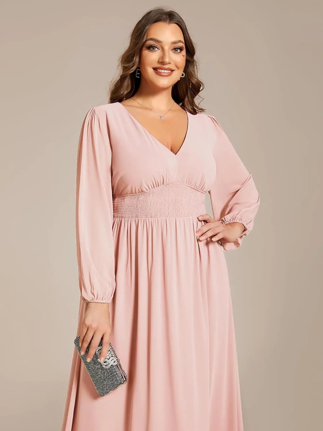 Ever-Pretty Women's A Line V Neck Lantern Sleeves Midi Plus Size Formal Fresses for Curvy Women 01929-DA