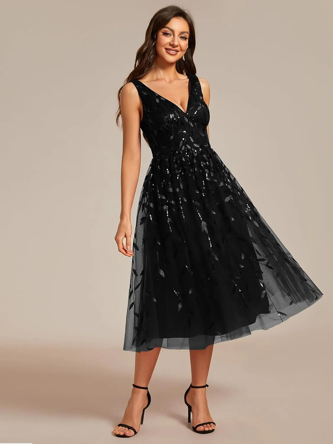 Ever-Pretty Women's A Line V Neck Open Back Sleeveless Ruched Sequin Knee Length Formal Dress 02106