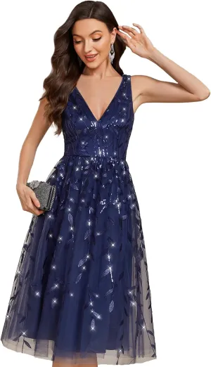 Ever-Pretty Women's A Line V Neck Open Back Sleeveless Ruched Sequin Knee Length Formal Dress 02106