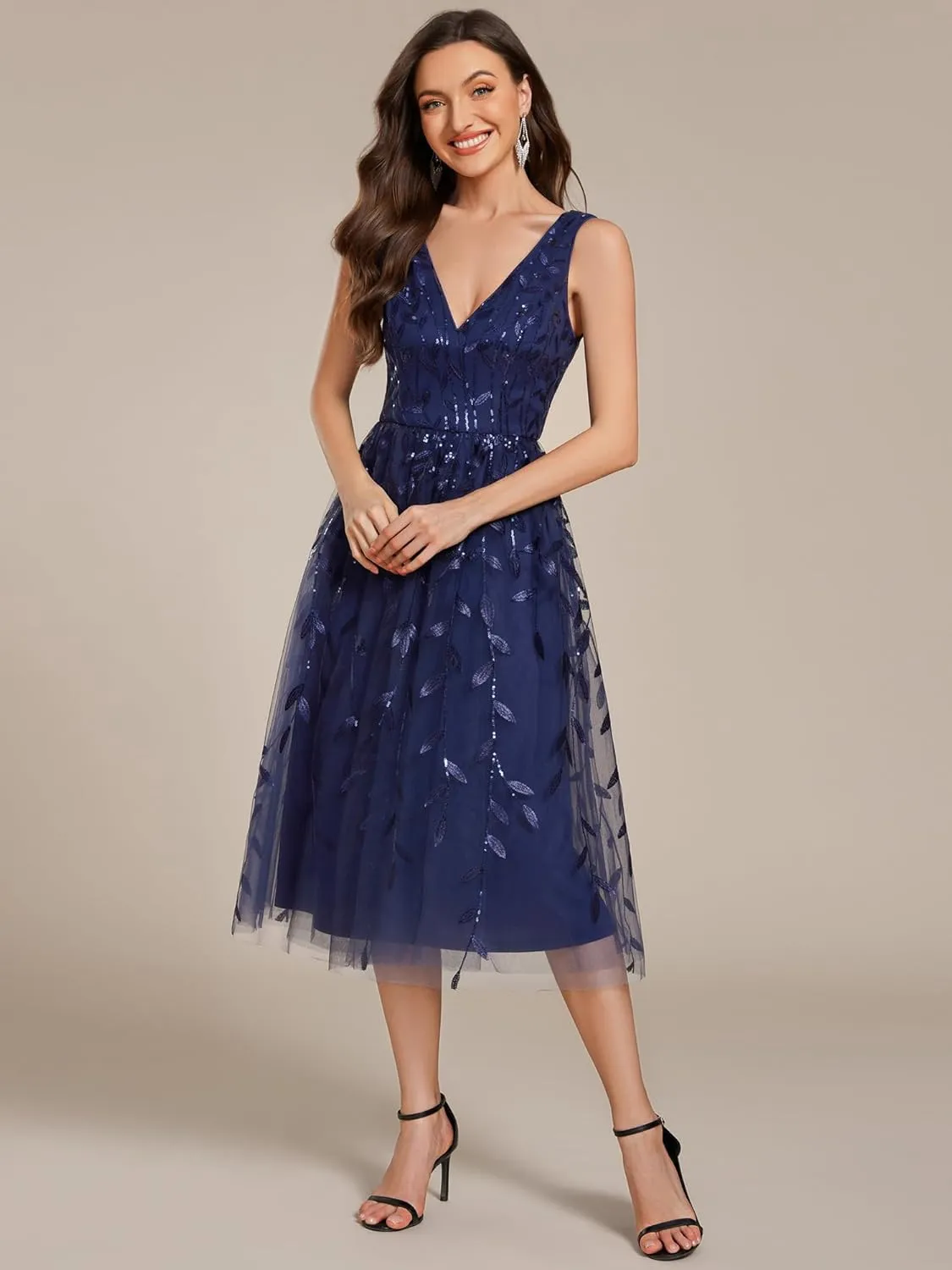 Ever-Pretty Women's A Line V Neck Open Back Sleeveless Ruched Sequin Knee Length Formal Dress 02106