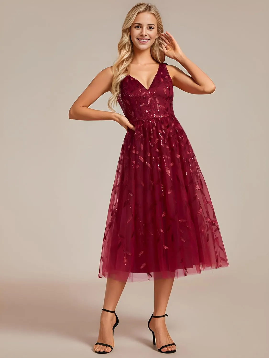 Ever-Pretty Women's A Line V Neck Open Back Sleeveless Ruched Sequin Knee Length Formal Dress 02106