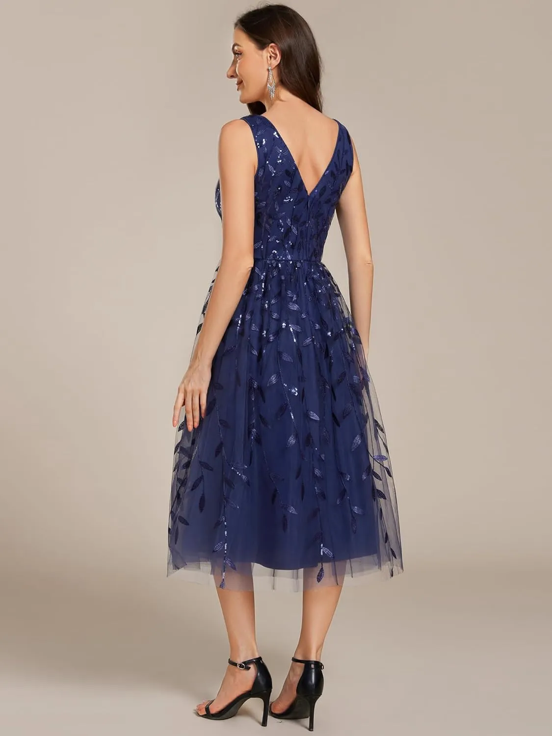 Ever-Pretty Women's A Line V Neck Open Back Sleeveless Ruched Sequin Knee Length Formal Dress 02106