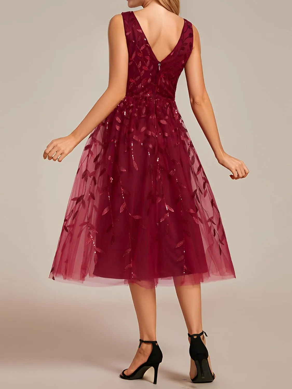 Ever-Pretty Women's A Line V Neck Open Back Sleeveless Ruched Sequin Knee Length Formal Dress 02106