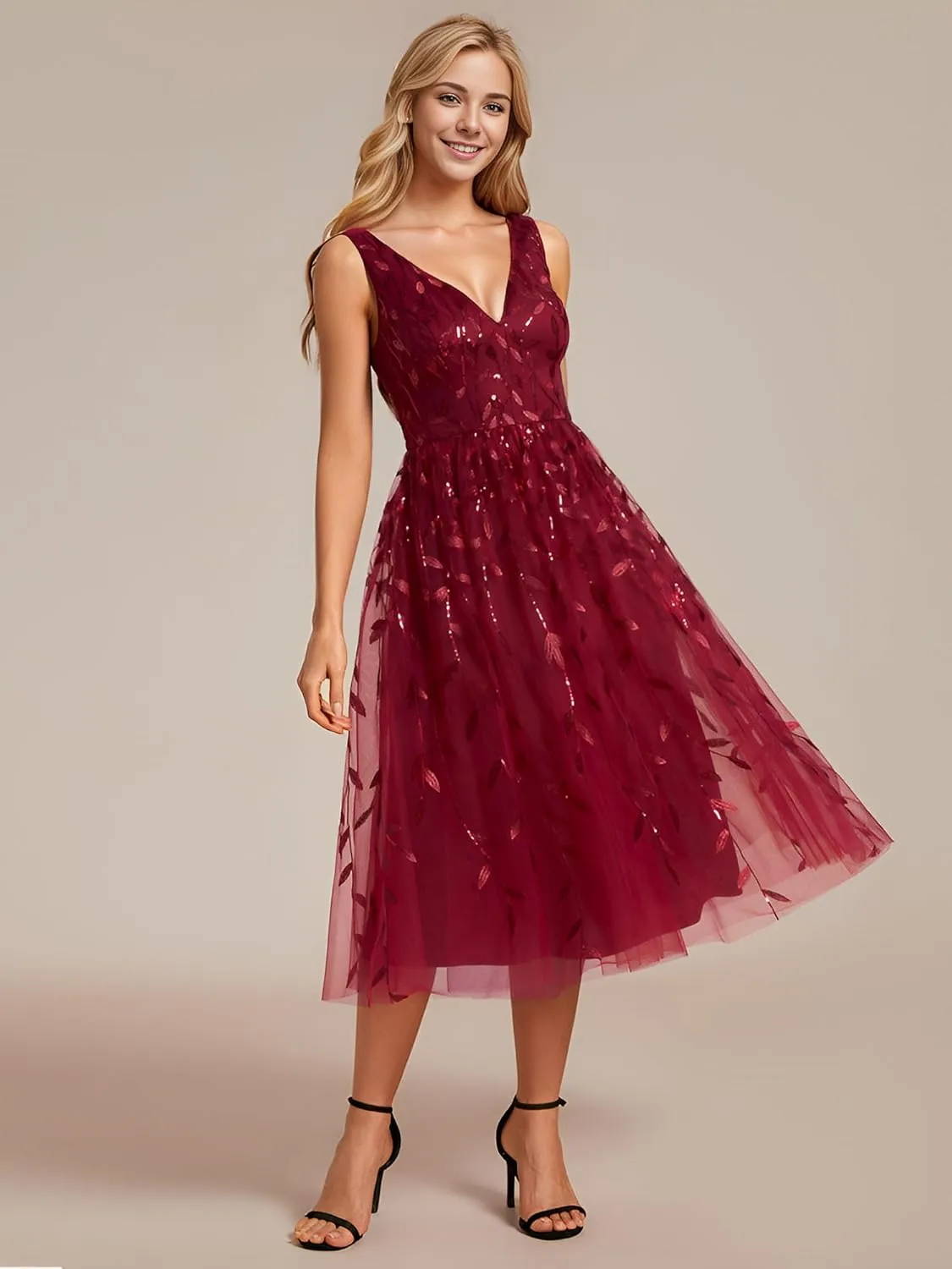 Ever-Pretty Women's A Line V Neck Open Back Sleeveless Ruched Sequin Knee Length Formal Dress 02106