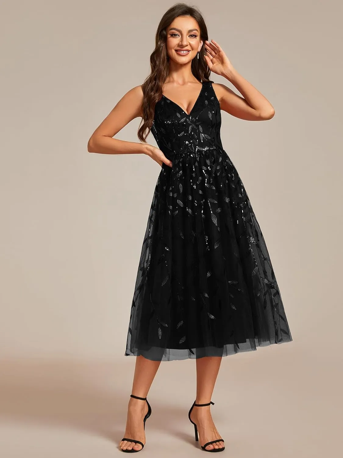 Ever-Pretty Women's A Line V Neck Open Back Sleeveless Ruched Sequin Knee Length Formal Dress 02106