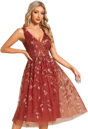 Ever-Pretty Women's A Line V Neck Open Back Sleeveless Ruched Sequin Knee Length Formal Dress 02106