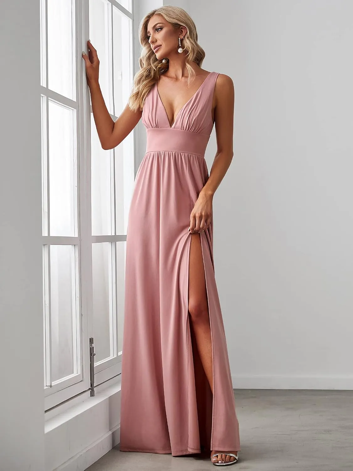 Ever-Pretty Women's Bridesmaid Dresses Deep V-Neck Sleeveless Side Slit Floor Length Wedding Guest Dress 0168B
