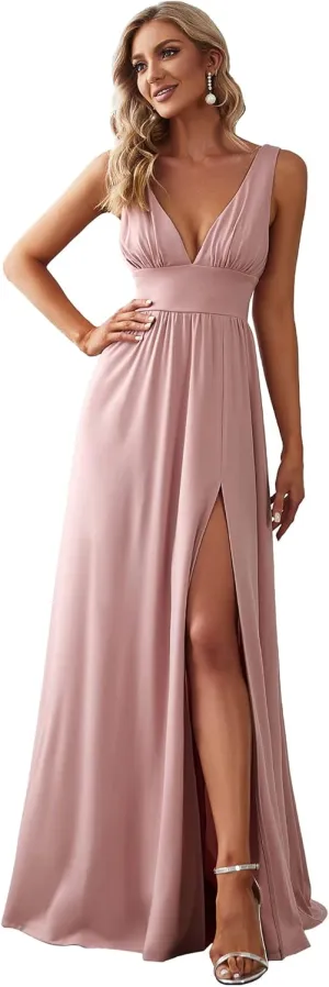 Ever-Pretty Women's Bridesmaid Dresses Deep V-Neck Sleeveless Side Slit Floor Length Wedding Guest Dress 0168B