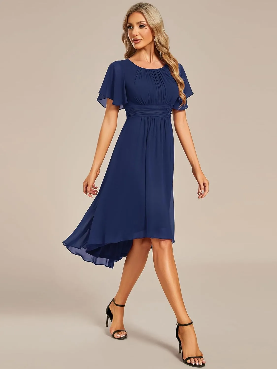 Ever-Pretty Women's Chiffon Crew Neck Pleated Waist Short Sleeve Wedding Guest Dress 02053