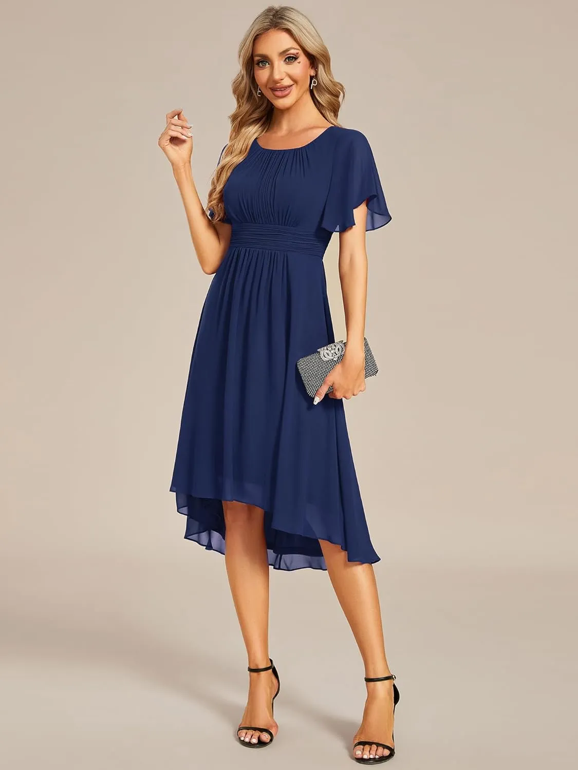 Ever-Pretty Women's Chiffon Crew Neck Pleated Waist Short Sleeve Wedding Guest Dress 02053