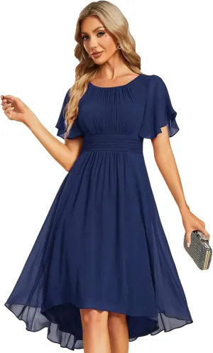 Ever-Pretty Women's Chiffon Crew Neck Pleated Waist Short Sleeve Wedding Guest Dress 02053