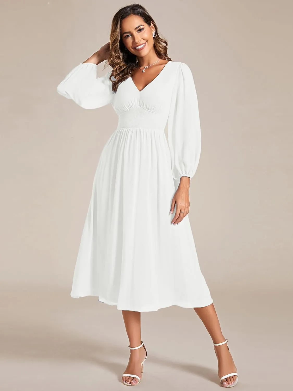 Ever-Pretty Women's Chiffon Long Sleeve Elastic Waist A-Line Knee Length Wedding Guest Dresses 01929