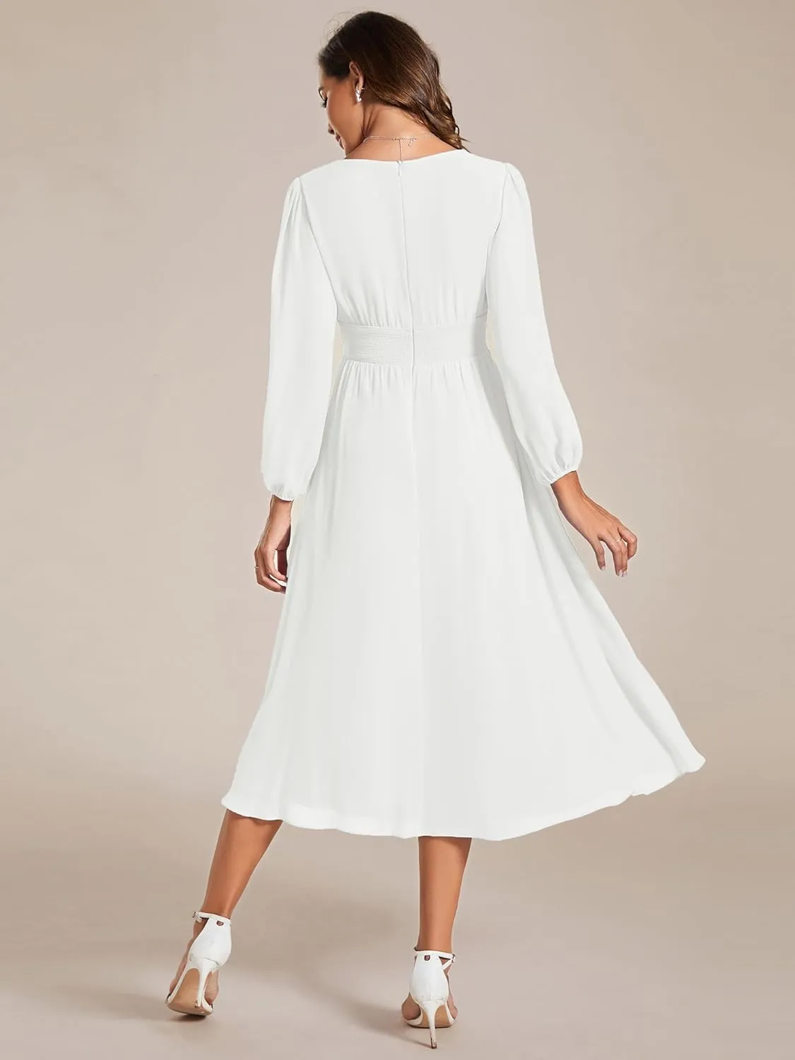 Ever-Pretty Women's Chiffon Long Sleeve Elastic Waist A-Line Knee Length Wedding Guest Dresses 01929