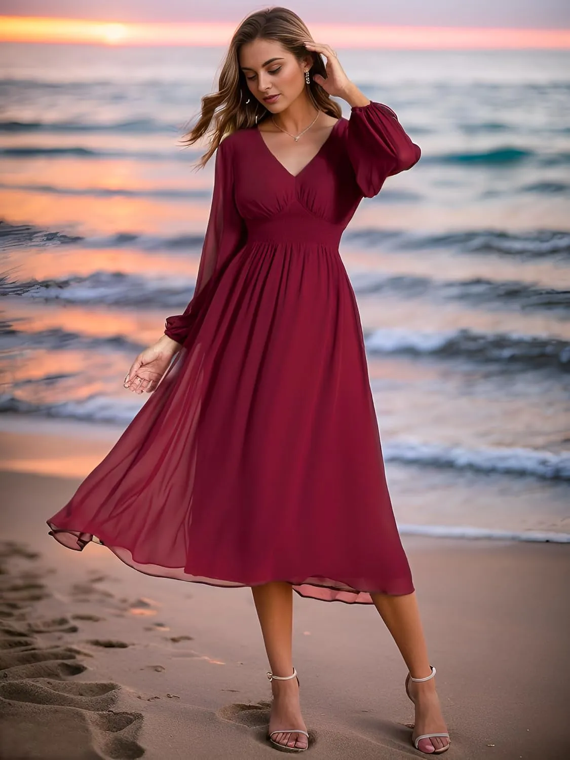 Ever-Pretty Women's Chiffon Long Sleeve Elastic Waist A-Line Knee Length Wedding Guest Dresses 01929