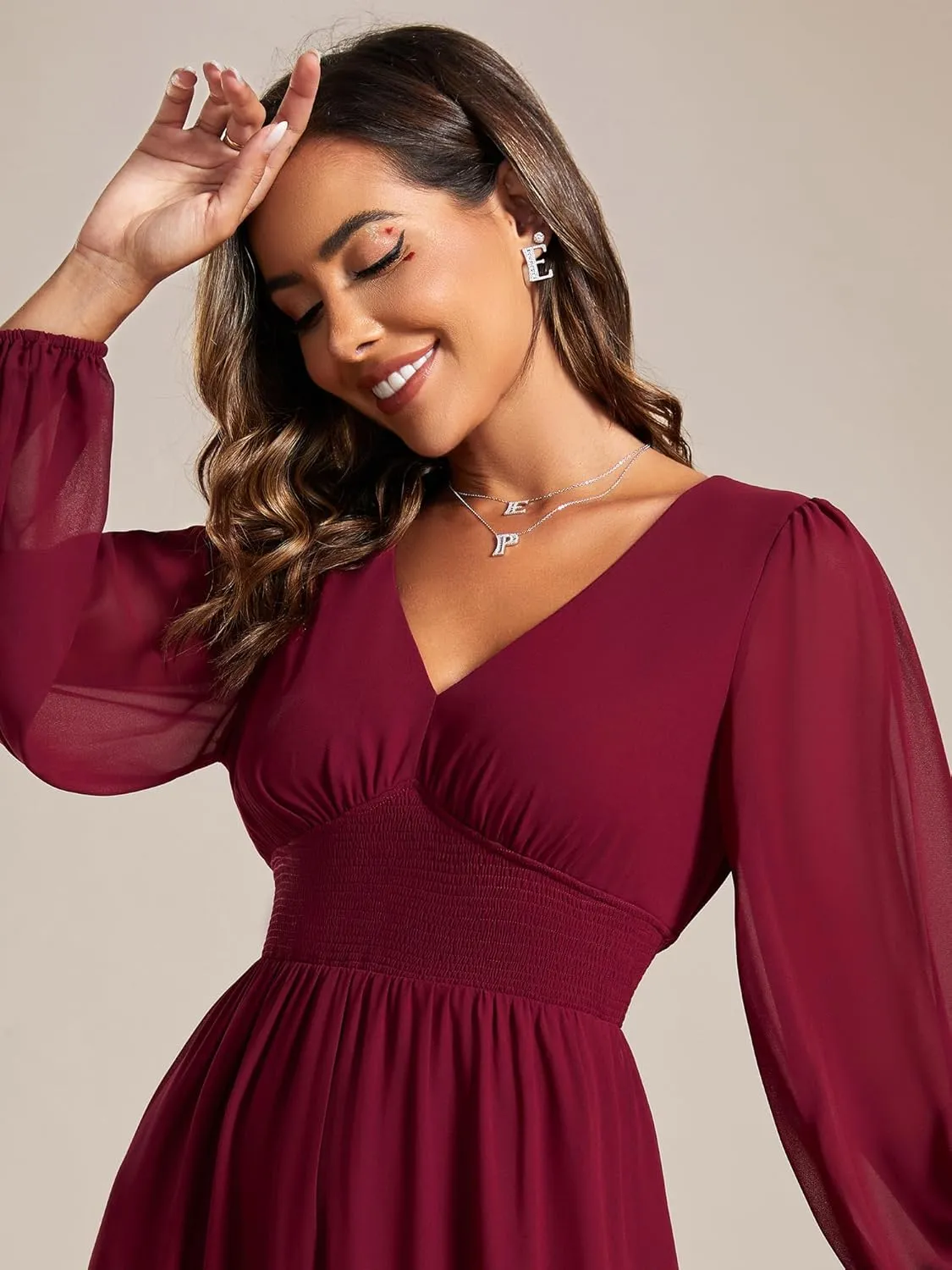 Ever-Pretty Women's Chiffon Long Sleeve Elastic Waist A-Line Knee Length Wedding Guest Dresses 01929