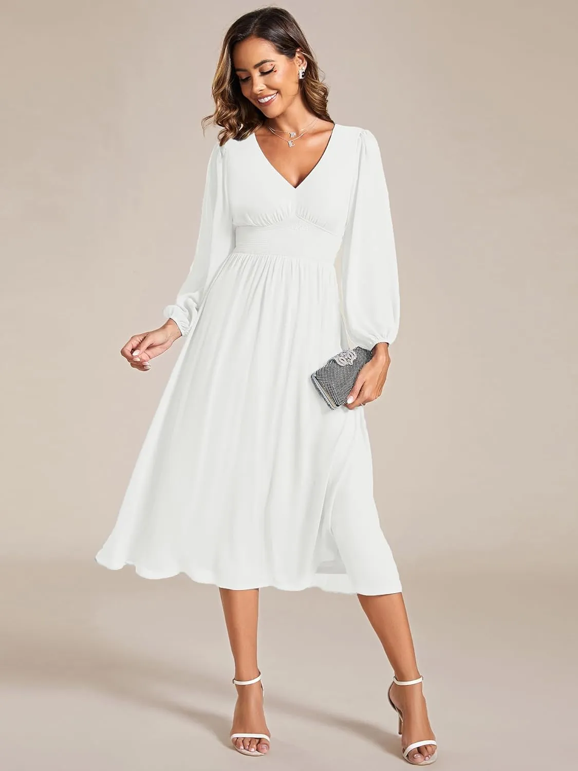 Ever-Pretty Women's Chiffon Long Sleeve Elastic Waist A-Line Knee Length Wedding Guest Dresses 01929