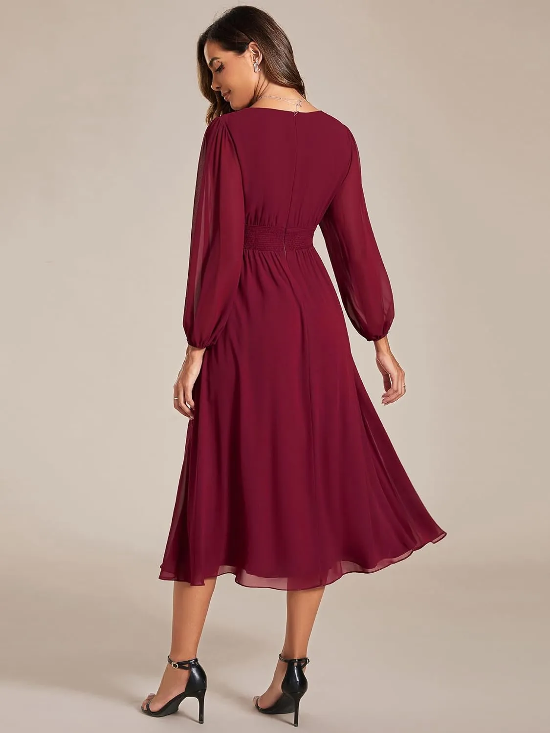 Ever-Pretty Women's Chiffon Long Sleeve Elastic Waist A-Line Knee Length Wedding Guest Dresses 01929