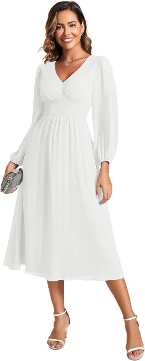 Ever-Pretty Women's Chiffon Long Sleeve Elastic Waist A-Line Knee Length Wedding Guest Dresses 01929