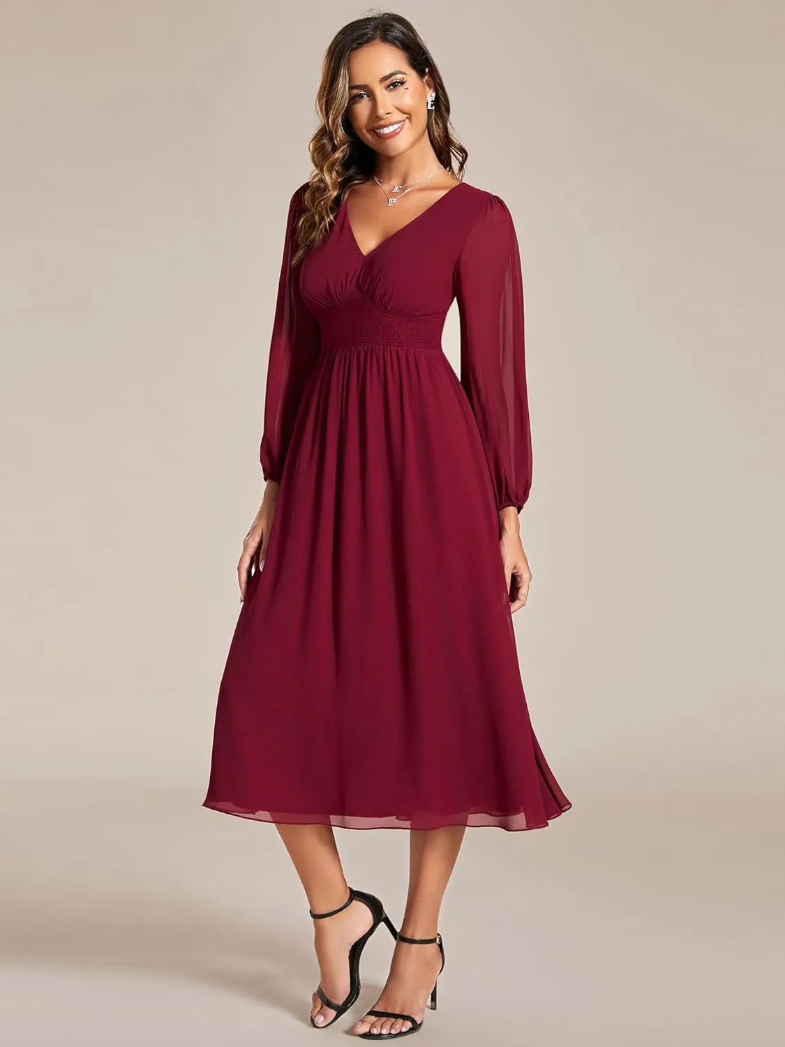 Ever-Pretty Women's Chiffon Long Sleeve Elastic Waist A-Line Knee Length Wedding Guest Dresses 01929