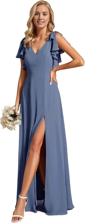 Ever-Pretty Women's Chiffon Mother of The Groom Dresses V Neck Split Ruffle Sleeves Formal Dresses 02080-PH