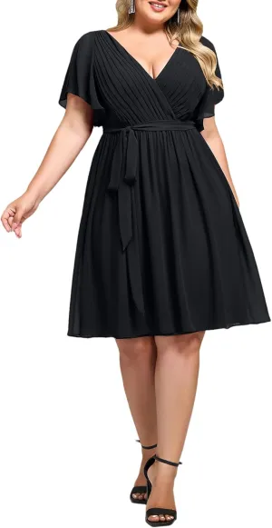 Ever-Pretty Women's Chiffon V Neck Short Sleeves Tie Waist Pleated Knee Length Plus Size Cocktail Wedding Guest Dresses