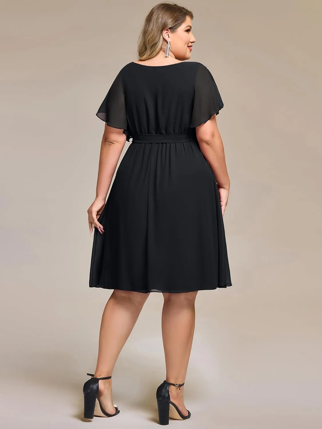 Ever-Pretty Women's Chiffon V Neck Short Sleeves Tie Waist Pleated Knee Length Plus Size Cocktail Wedding Guest Dresses