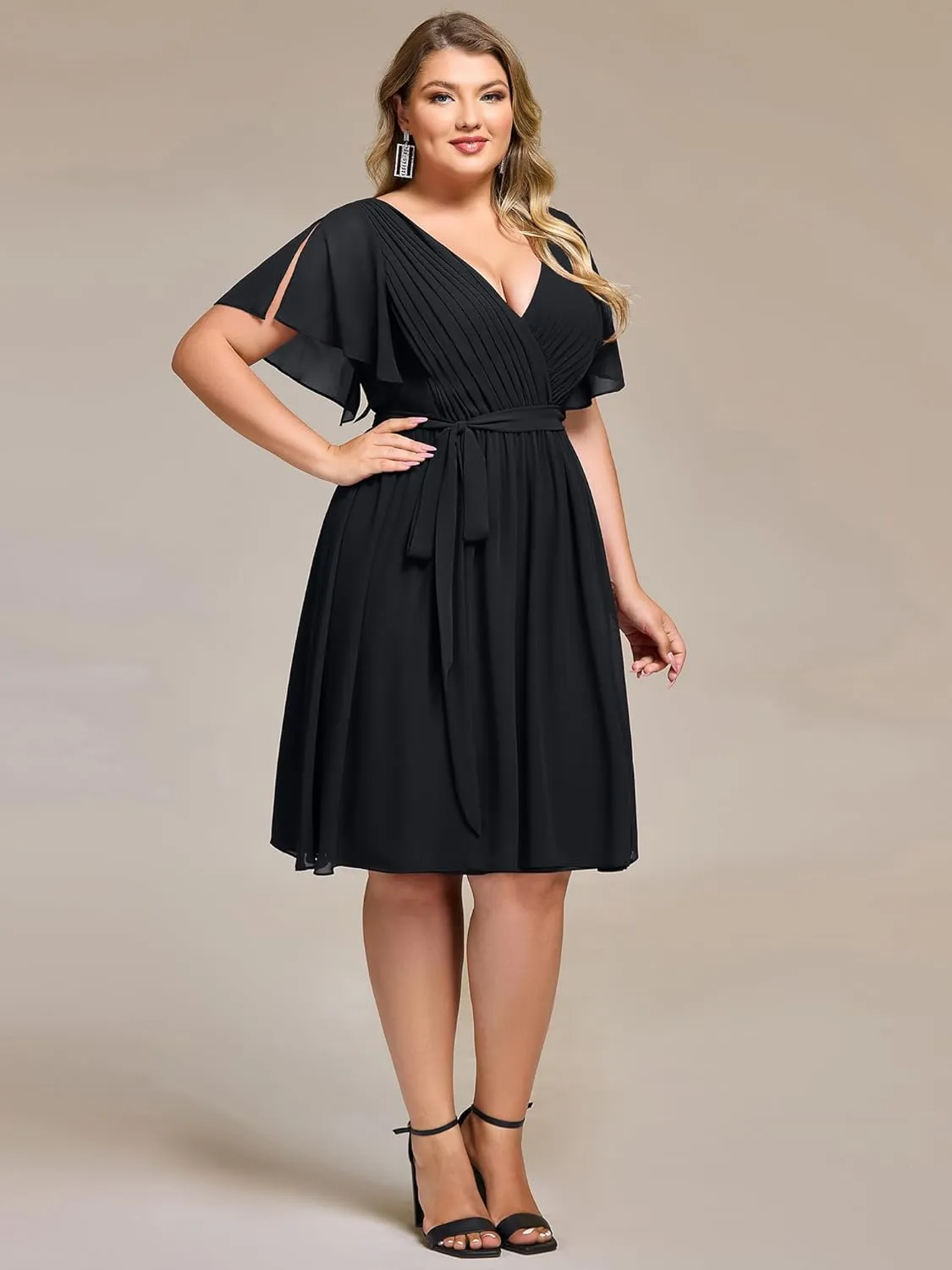 Ever-Pretty Women's Chiffon V Neck Short Sleeves Tie Waist Pleated Knee Length Plus Size Cocktail Wedding Guest Dresses