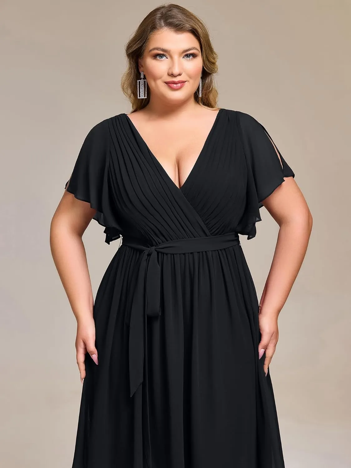 Ever-Pretty Women's Chiffon V Neck Short Sleeves Tie Waist Pleated Knee Length Plus Size Cocktail Wedding Guest Dresses