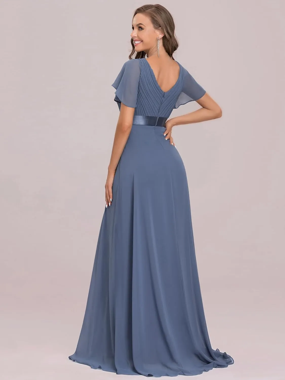 Ever-Pretty Women's Classic Chiffon Short Sleeve Pleated V-Neck Floor Length Bridesmaid Dresses 09890