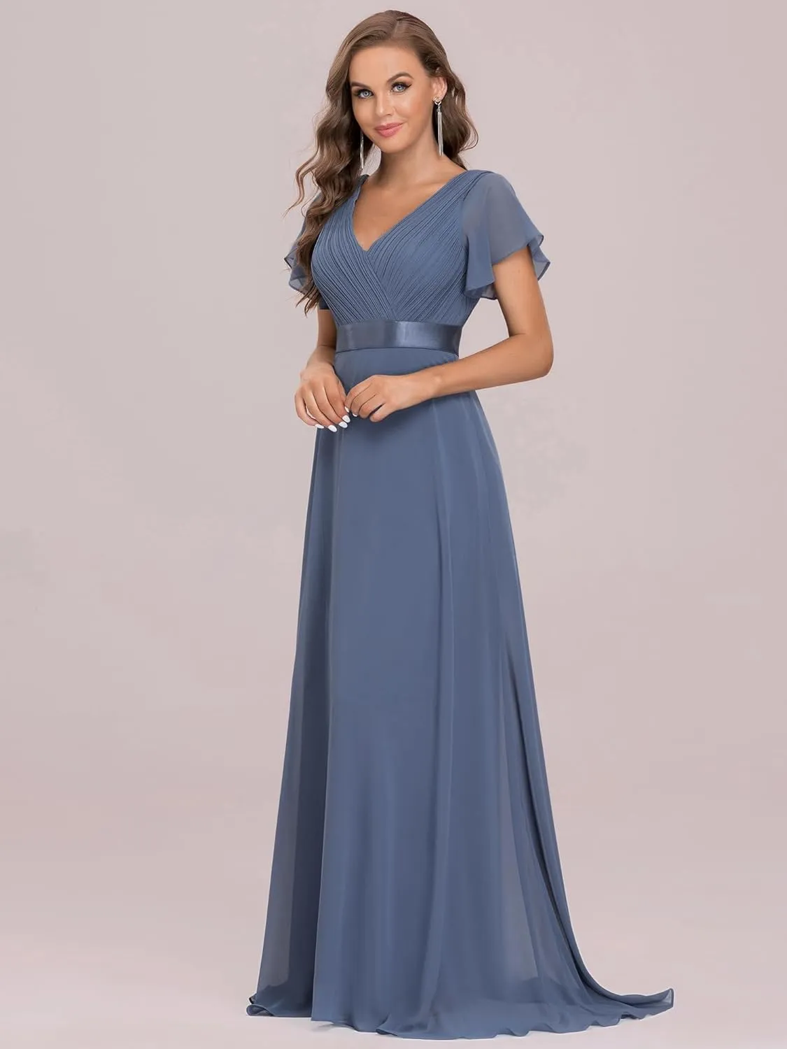 Ever-Pretty Women's Classic Chiffon Short Sleeve Pleated V-Neck Floor Length Bridesmaid Dresses 09890