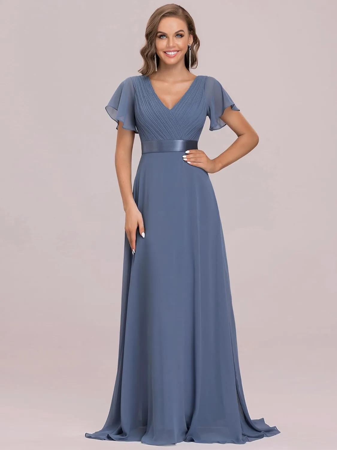 Ever-Pretty Women's Classic Chiffon Short Sleeve Pleated V-Neck Floor Length Bridesmaid Dresses 09890