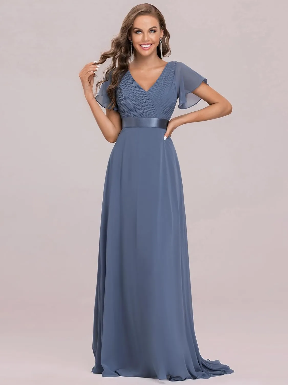 Ever-Pretty Women's Classic Chiffon Short Sleeve Pleated V-Neck Floor Length Bridesmaid Dresses 09890