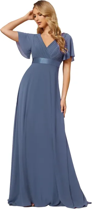 Ever-Pretty Women's Classic Chiffon Short Sleeve Pleated V-Neck Floor Length Bridesmaid Dresses 09890
